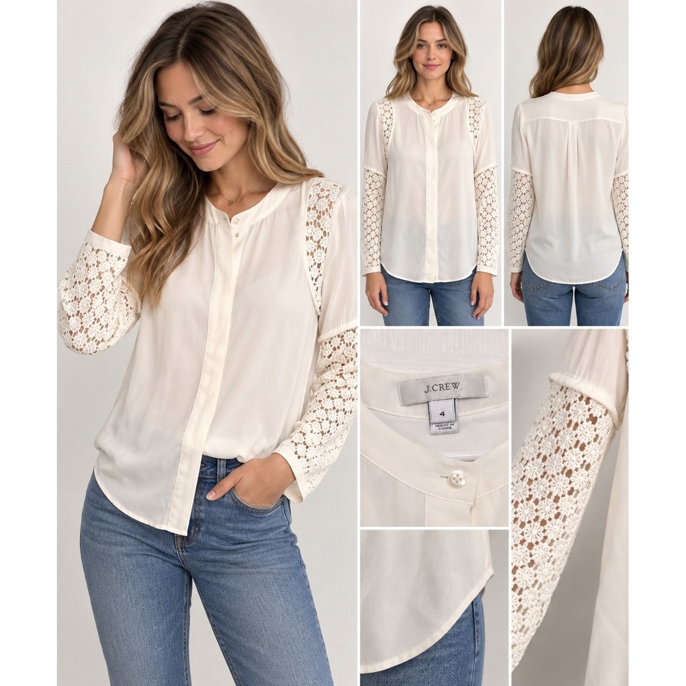 J. Crew, Women's Size 4, 100% Silk Button Down Blouse W/ 100% Cotton Lace Detail